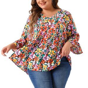 Plus Size Floral Blouses V Neck Babydoll Peplum TopsOrange Black